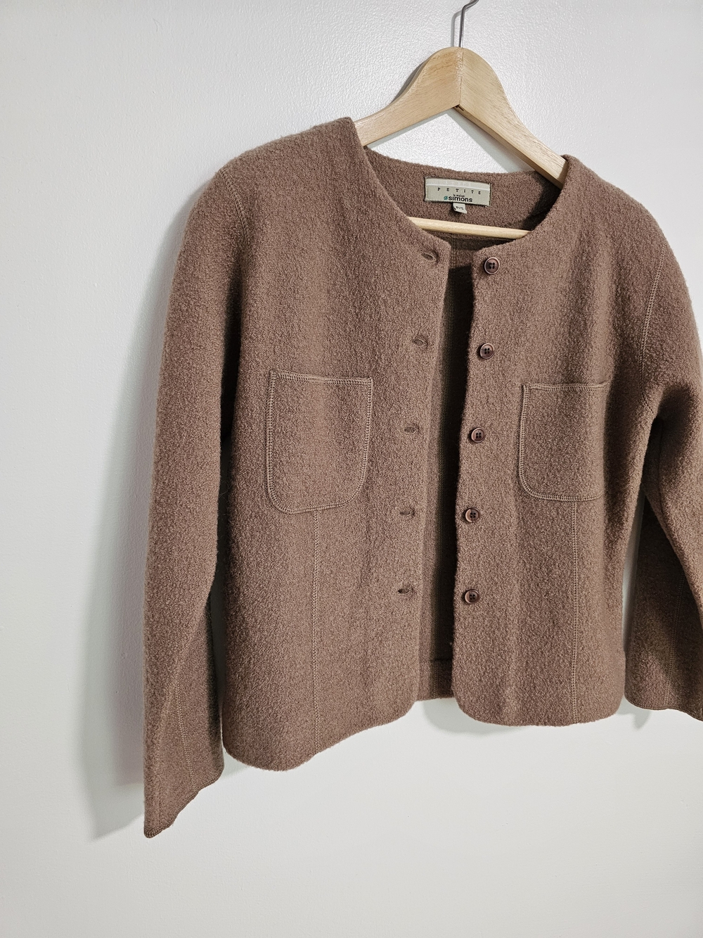 Vintage Simons Brown 100% Boiled Wool Jacket Blazer Size S Made In Hong Kong - Picture 2 of 11
